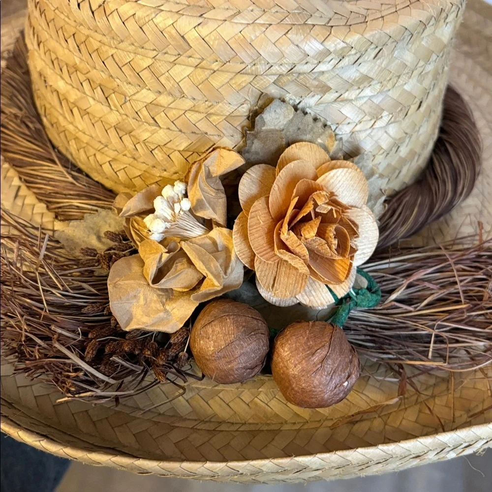 Made in Philippines Straw Wide Brim Hat With Rustic Floral Detail Cottagecore OS
